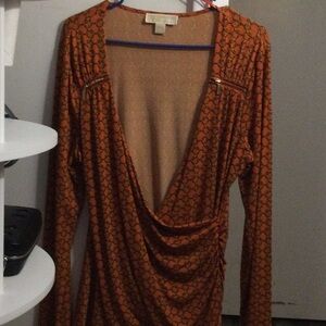 Deep V Orange Patterned Wrap Dress